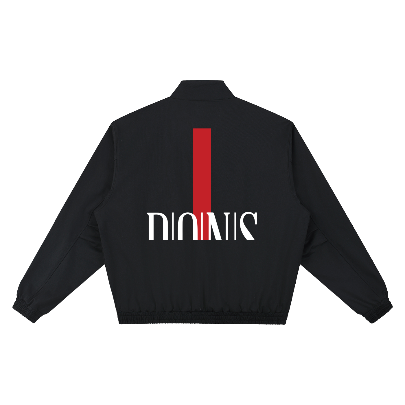 Black jacket with a red and white logo on the back against a white background
