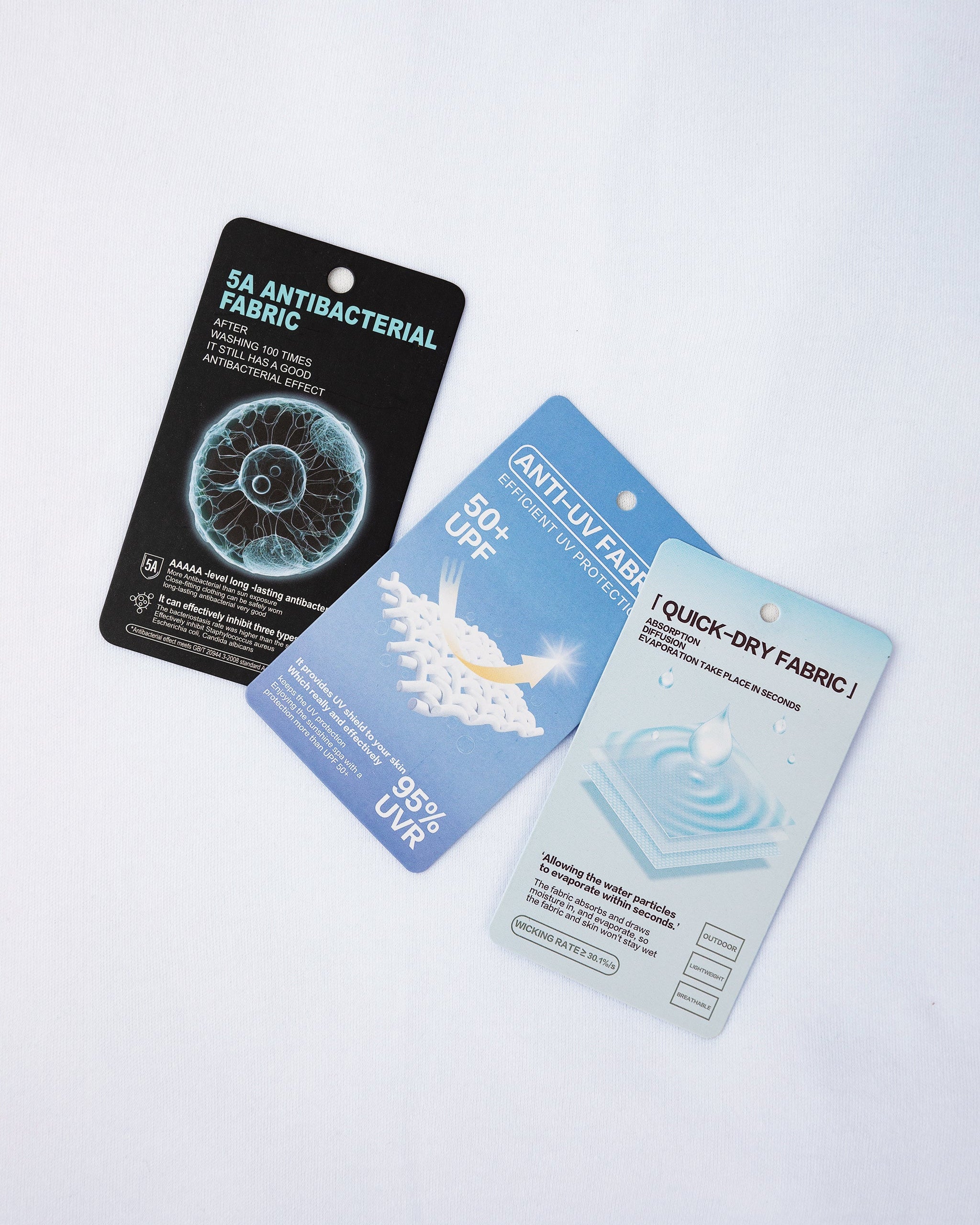 Three fabric quality cards on a white background