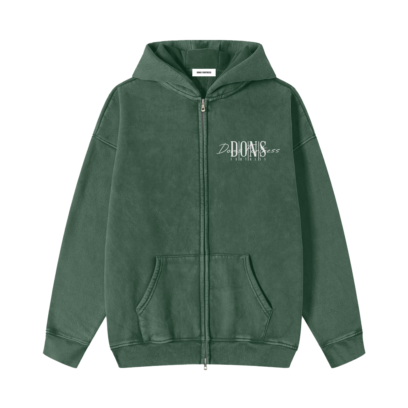 Green hoodie with a brand logo on a white background