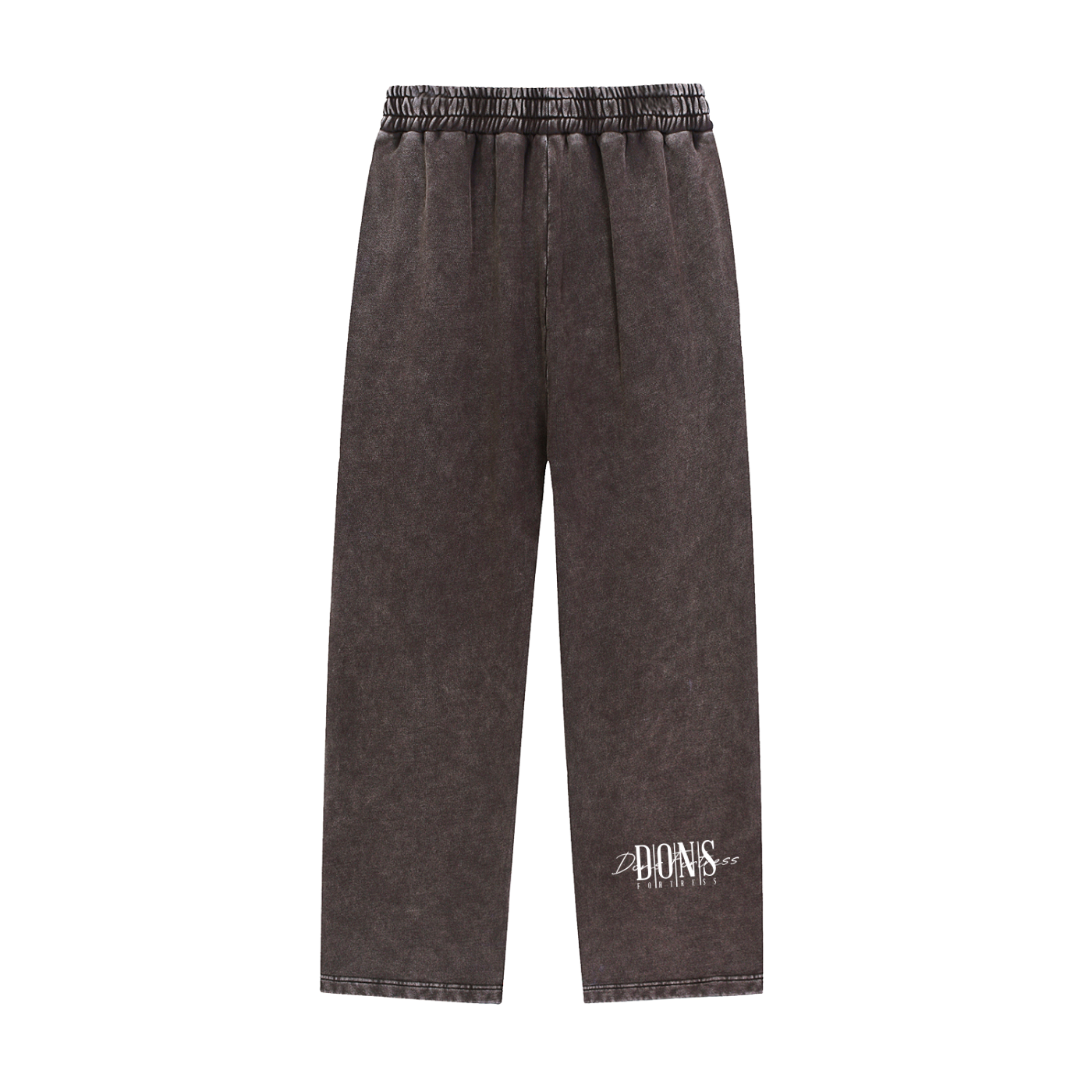 Dark gray sweatpants with a brand logo on a white background