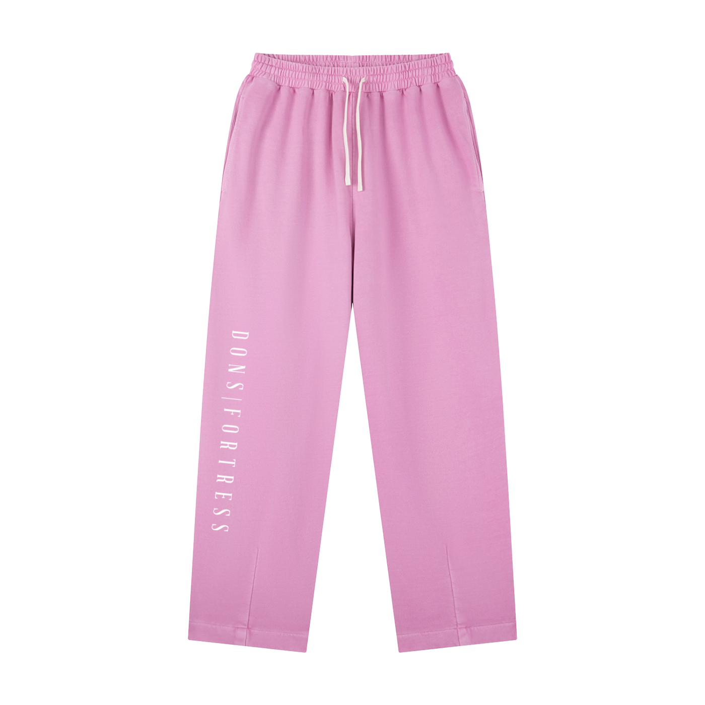 Pink sweatpants with 'Dons Fortress' text on a white background
