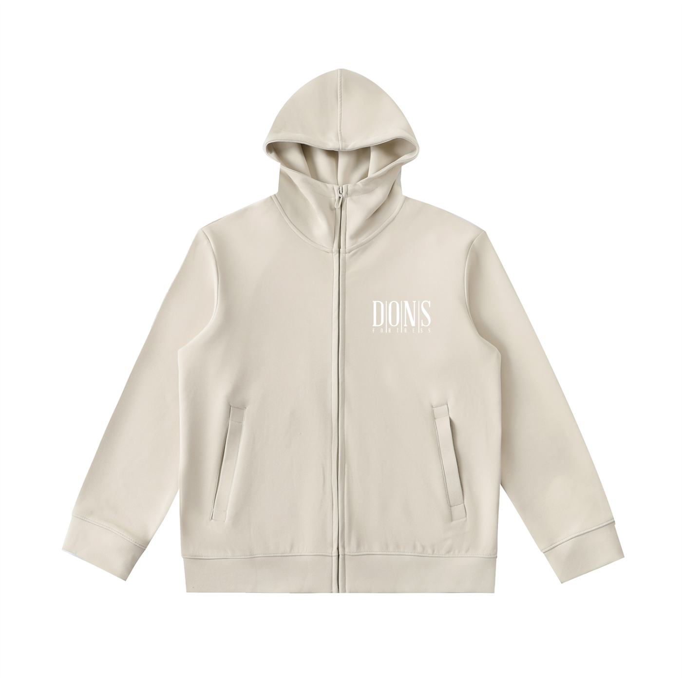 Beige hoodie with branding on a white background