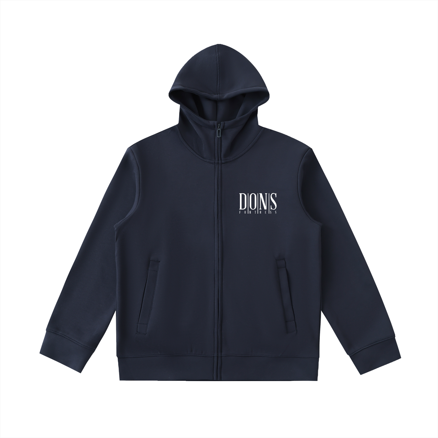 Navy blue hoodie with logo on a white background