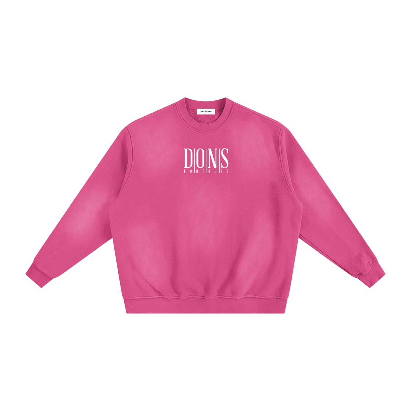 Pink sweatshirt with branding on a white background