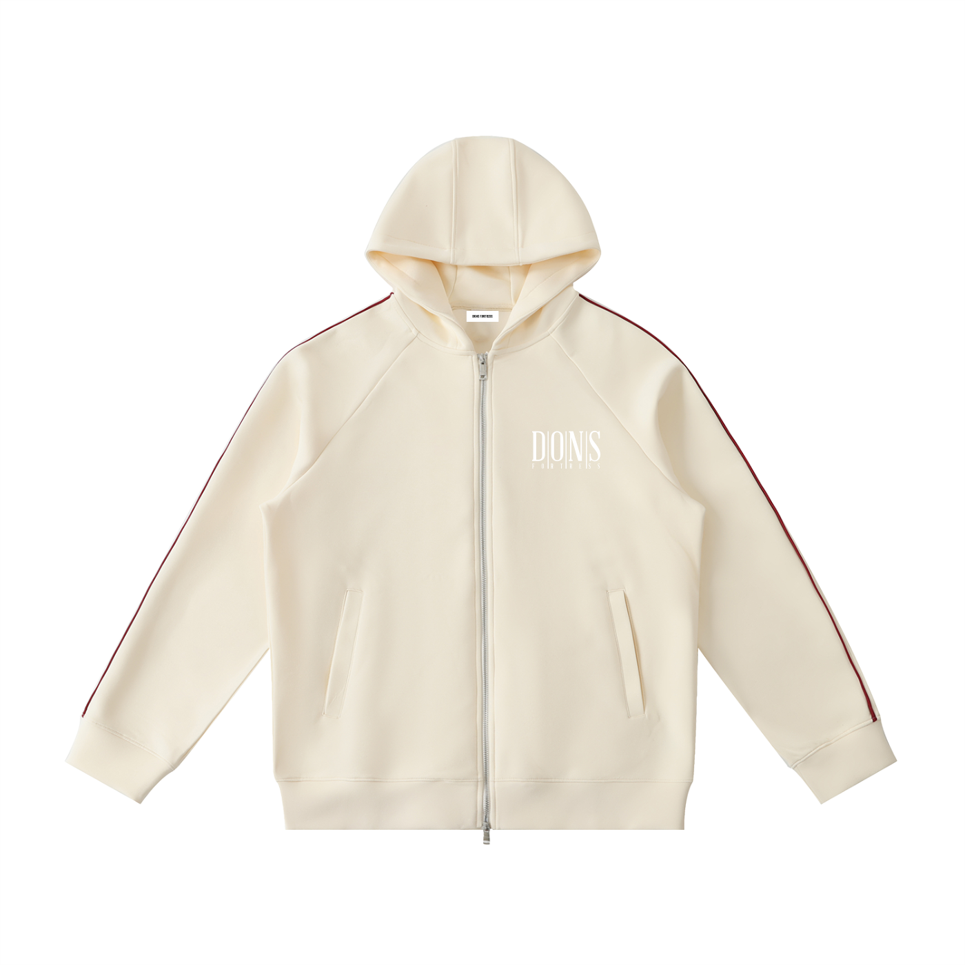Beige hoodie with red stripes on sleeves on a white background