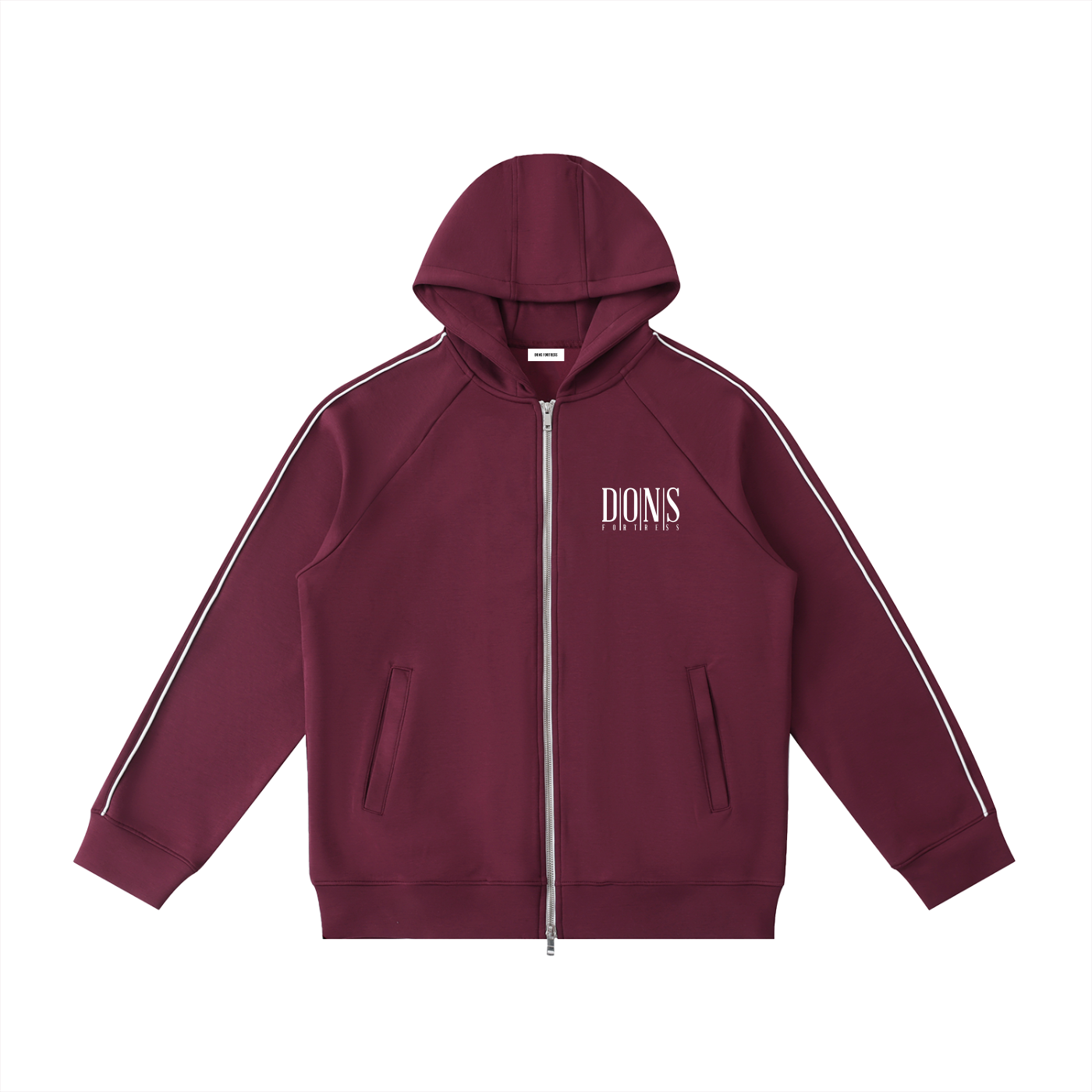 Maroon hoodie with white stripes on sleeves and logo on a white background