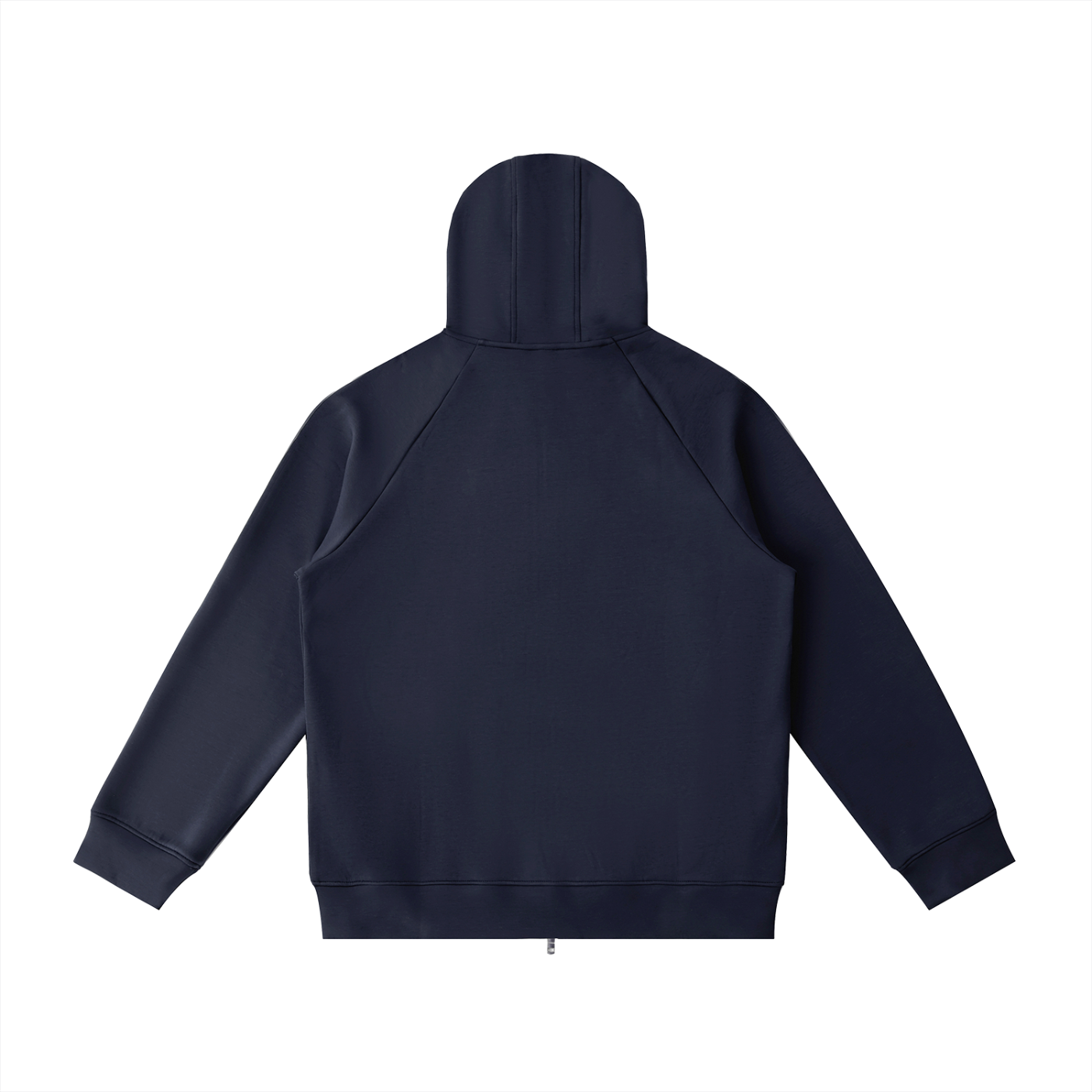 Navy blue hoodie shown from the back on a white background