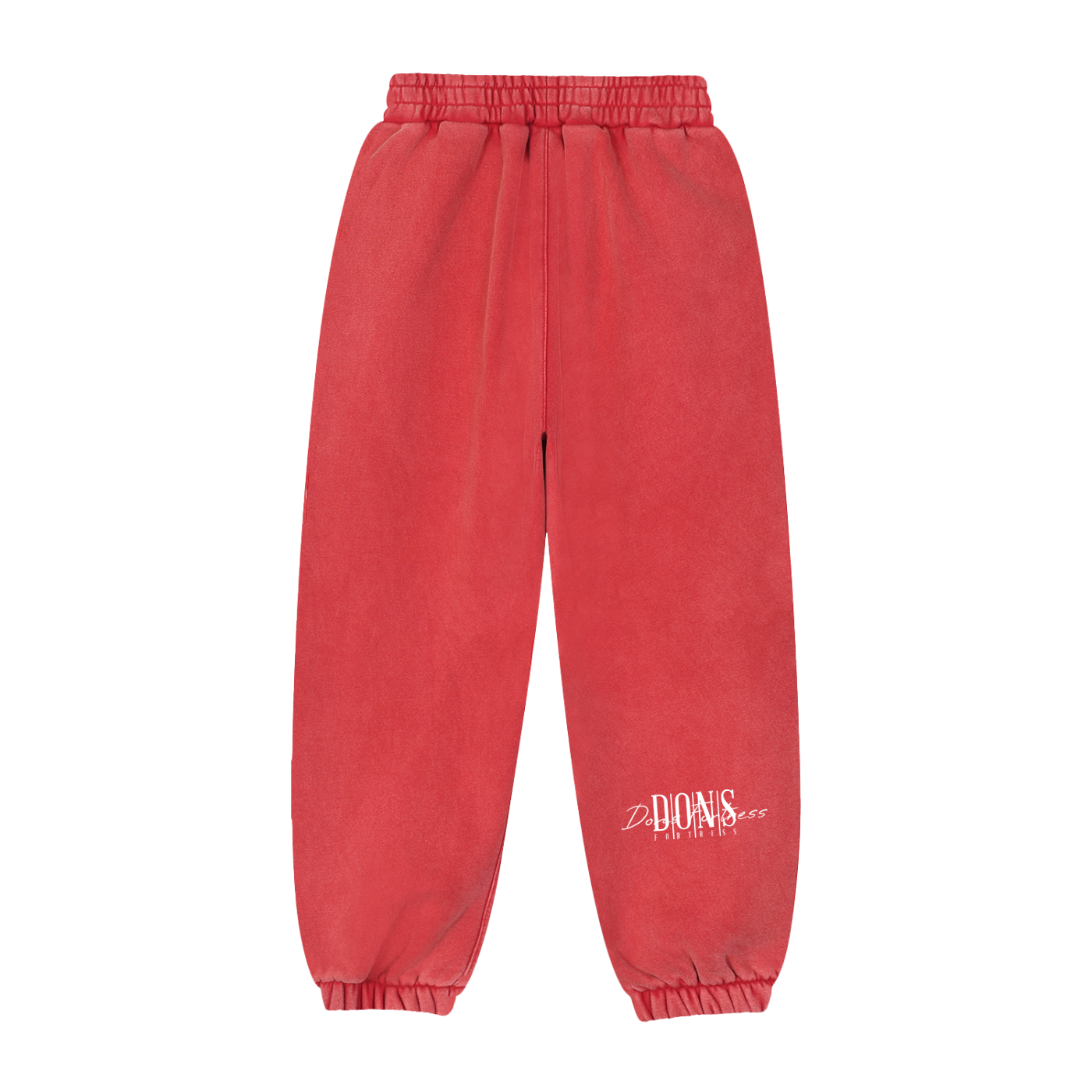 Red sweatpants with a brand logo on a white background