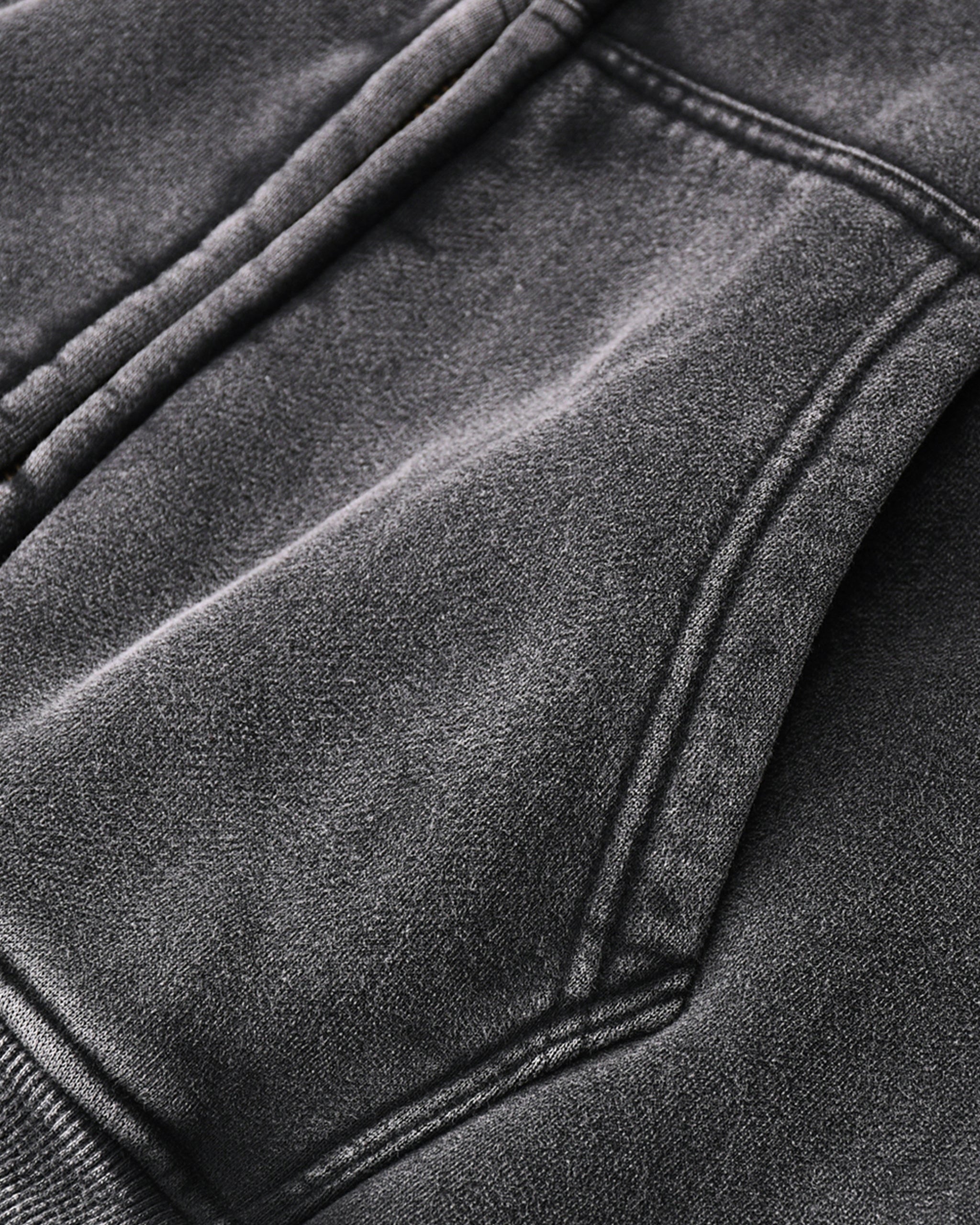 Close-up of a dark gray jacket with visible stitching details.