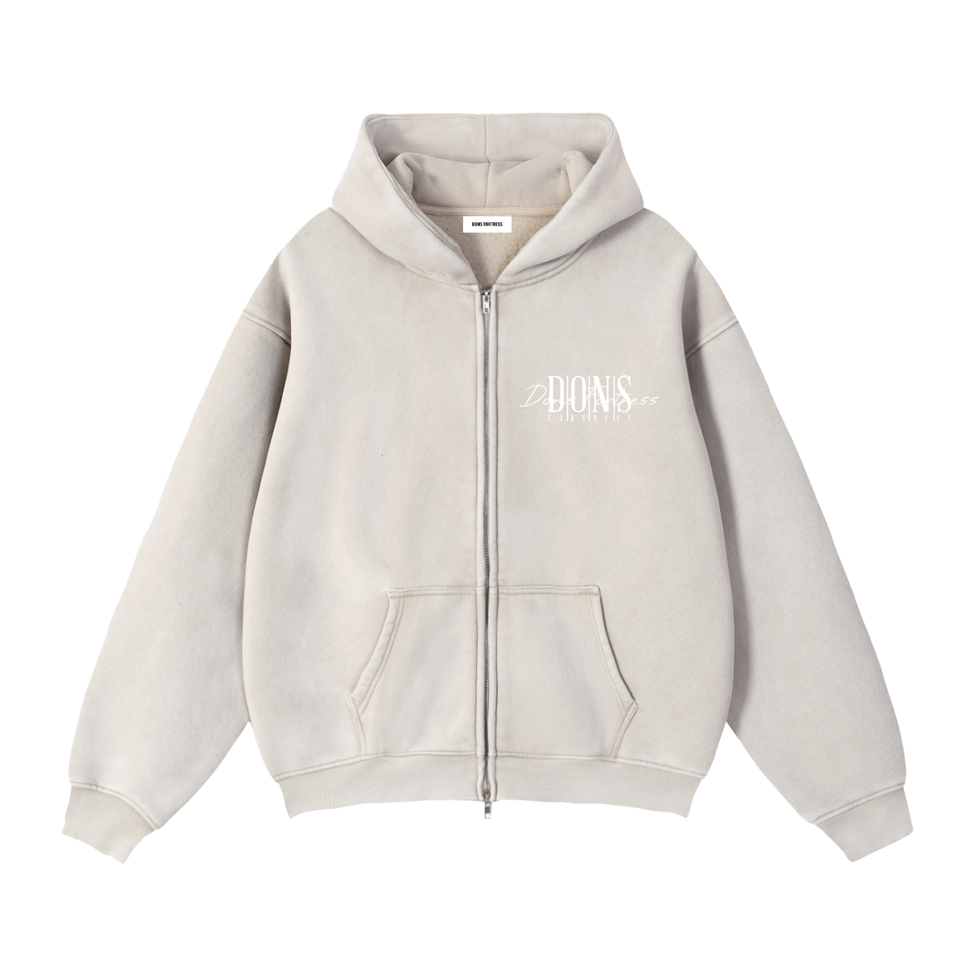 Beige hoodie with a logo on a white background