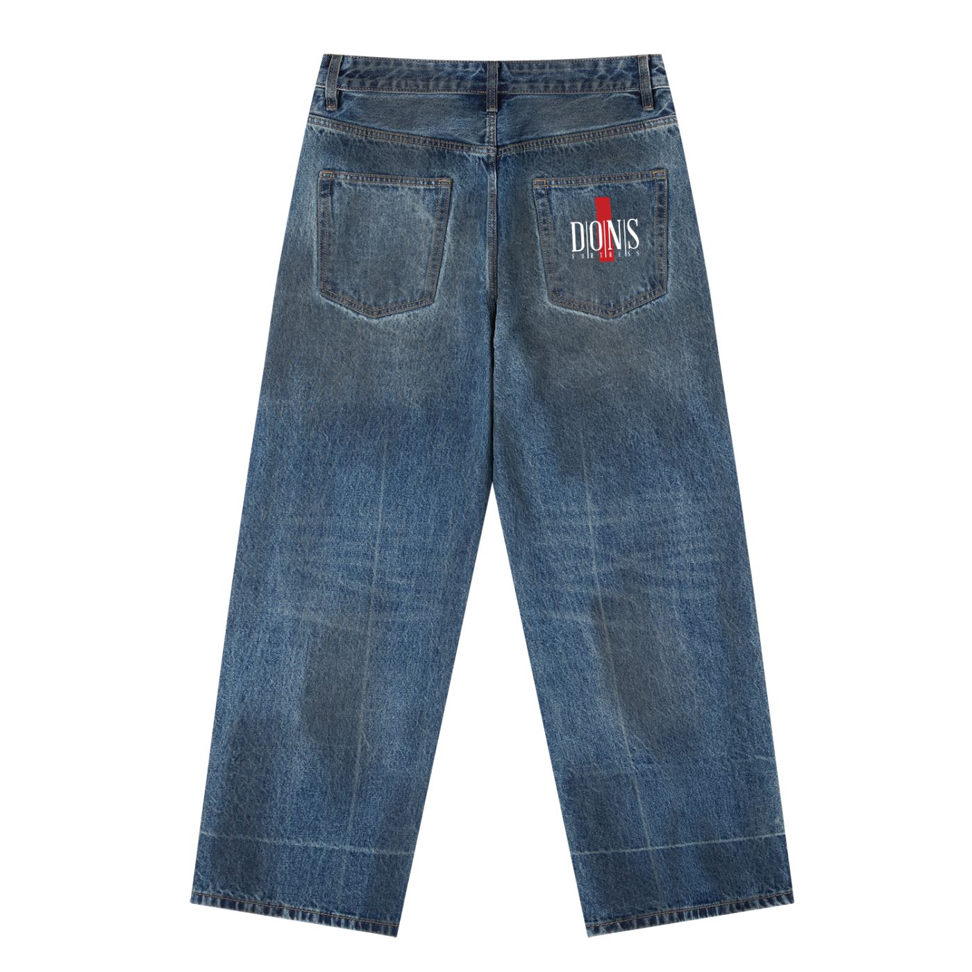 Blue jeans with a brand logo on the pocket against a white background