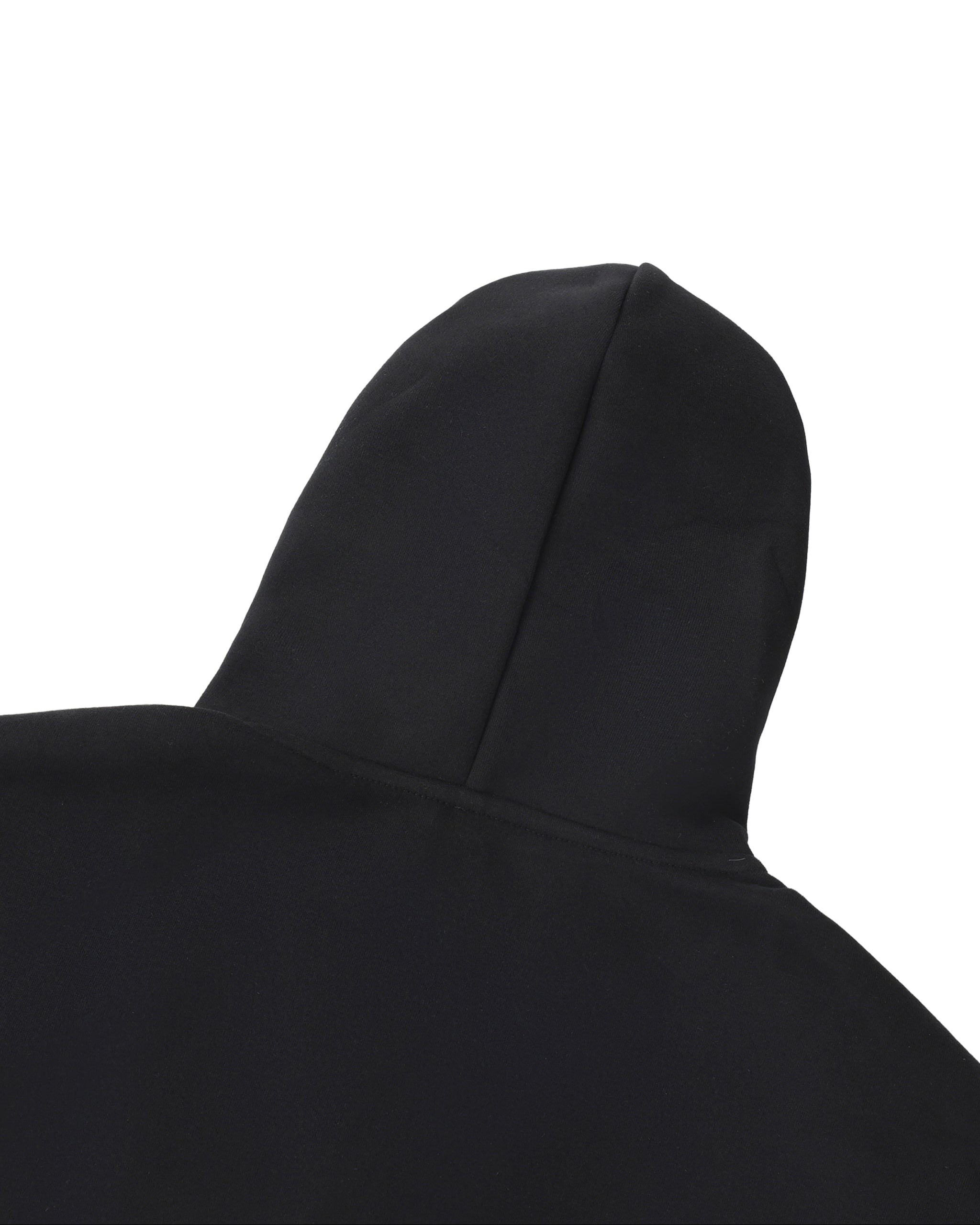 Black hooded garment on a white background