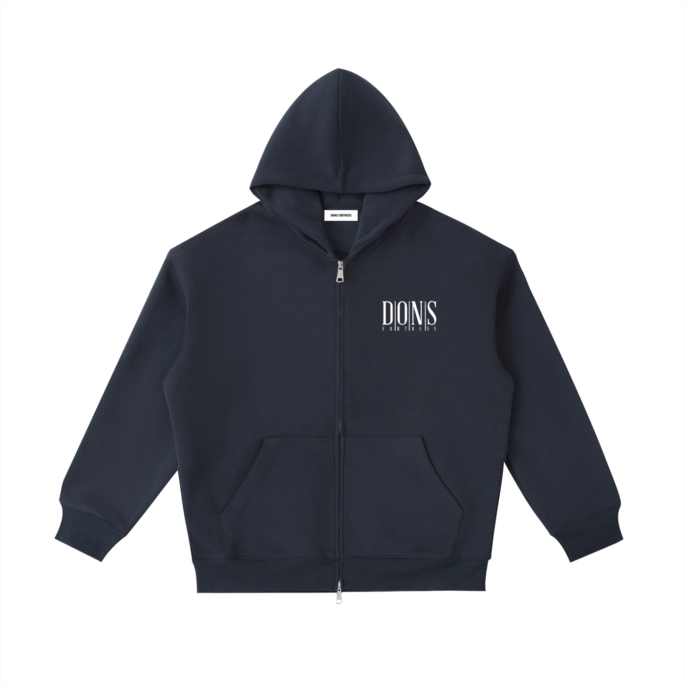 Navy blue hoodie with a brand logo on a white background