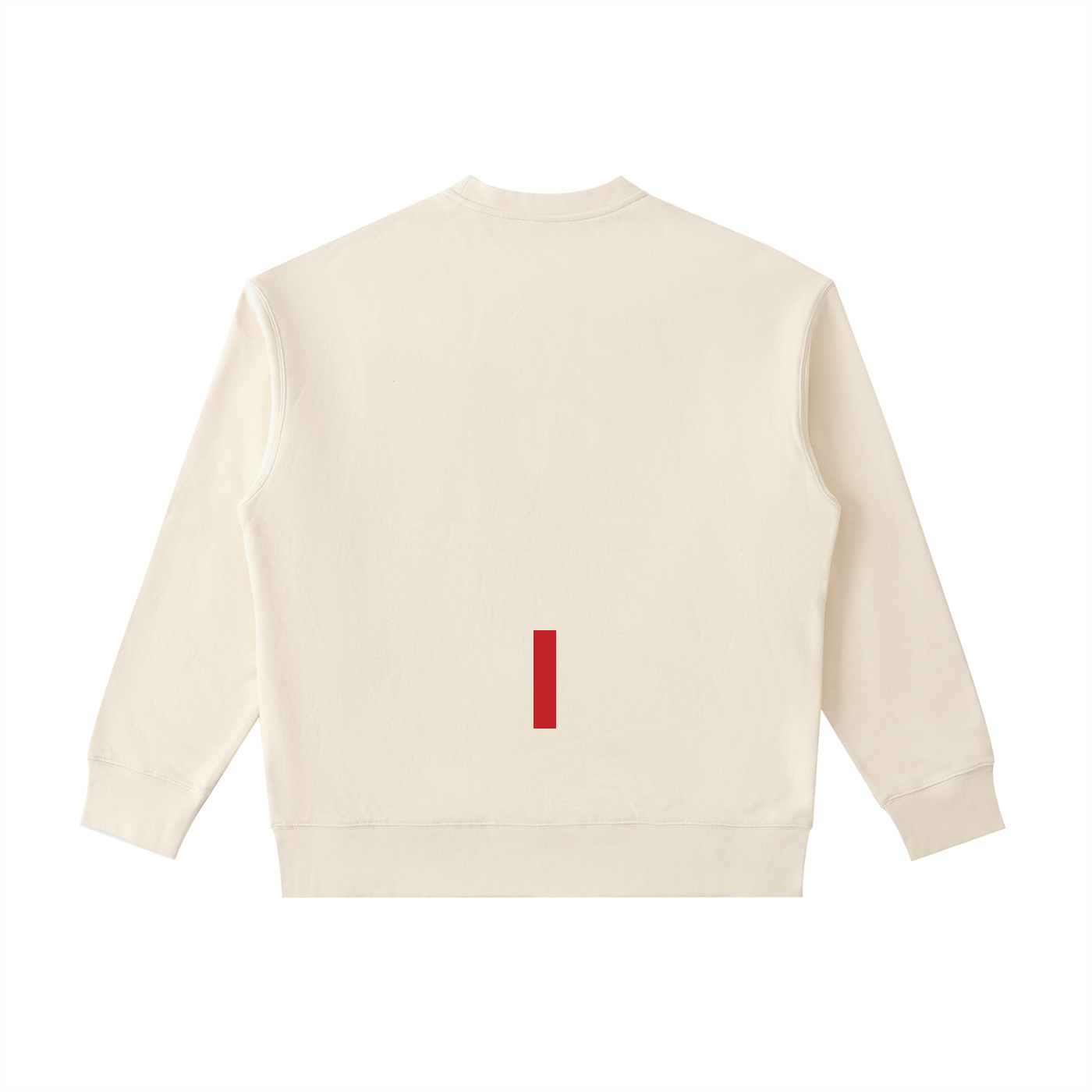 Beige sweatshirt with a red rectangular logo on the chest against a white background