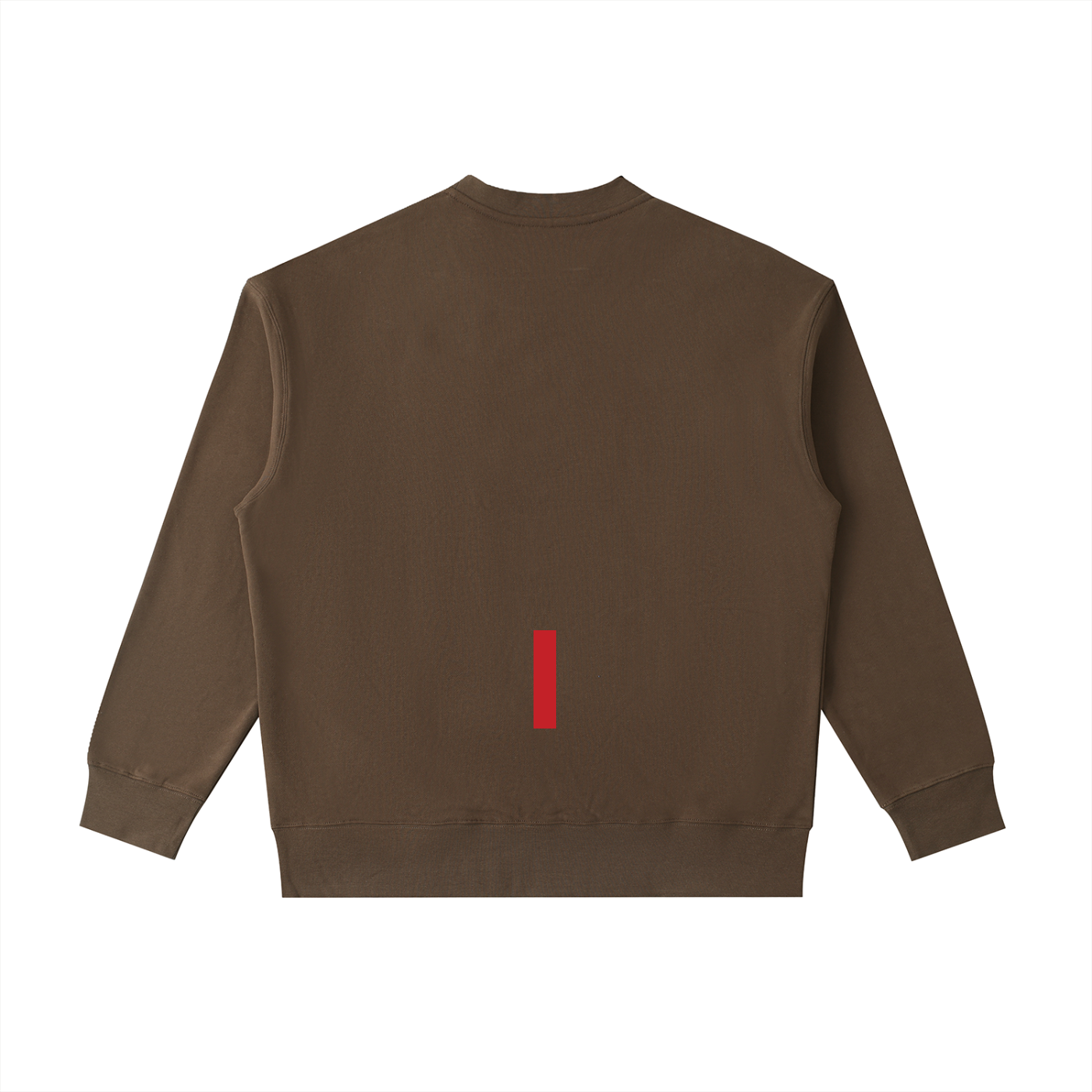 Brown sweatshirt with a red rectangle on the back against a white background