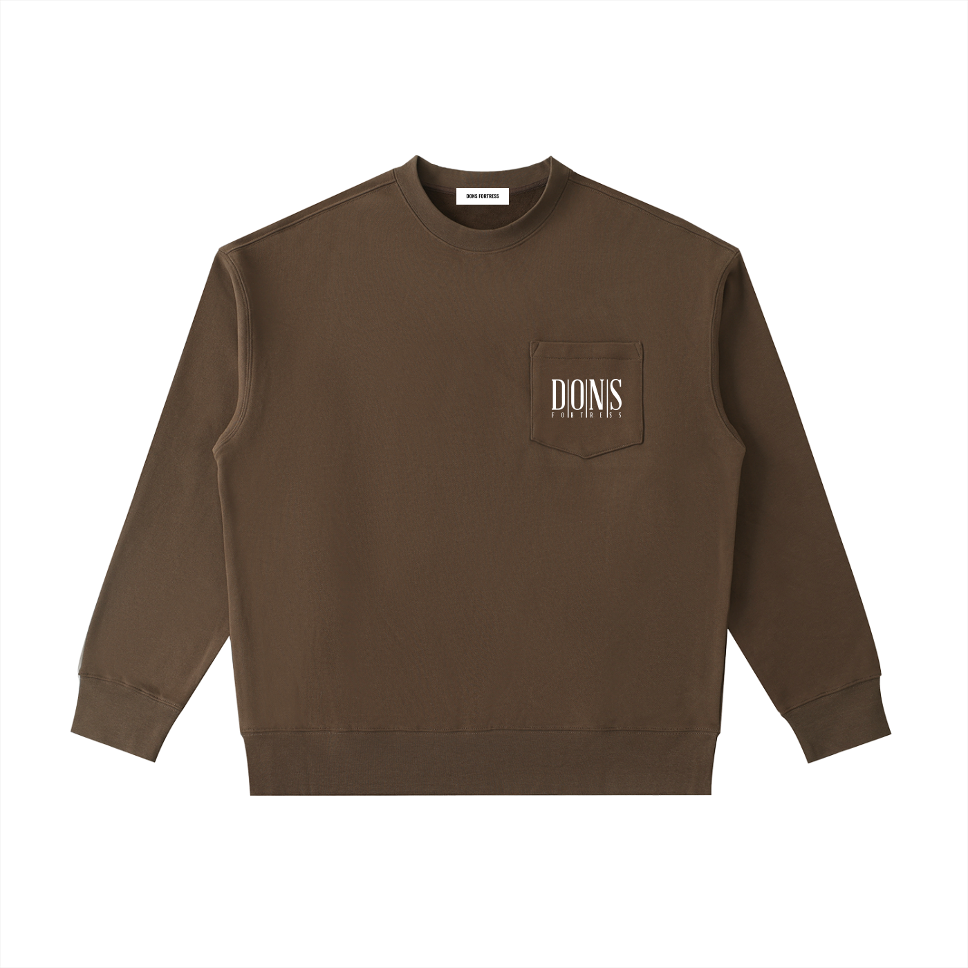 Brown sweatshirt with a pocket and visible brand logo on a white background