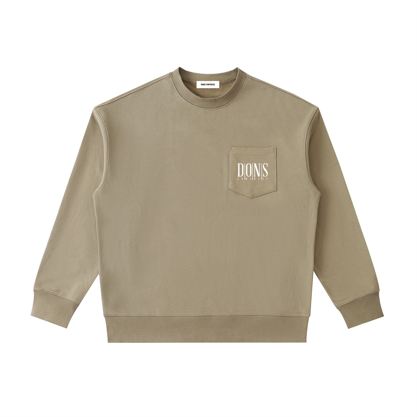 Beige sweatshirt with a logo on the chest pocket against a white background