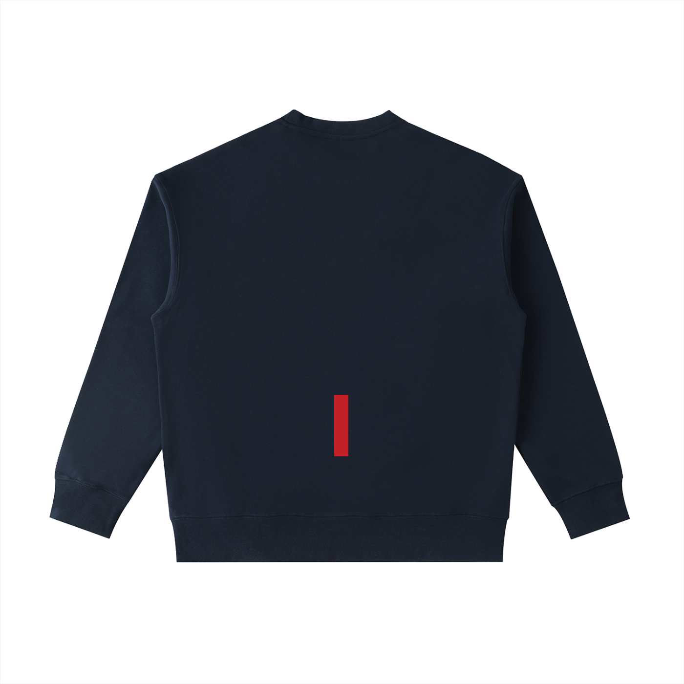 Navy blue sweatshirt with a red rectangular logo on the back against a white background