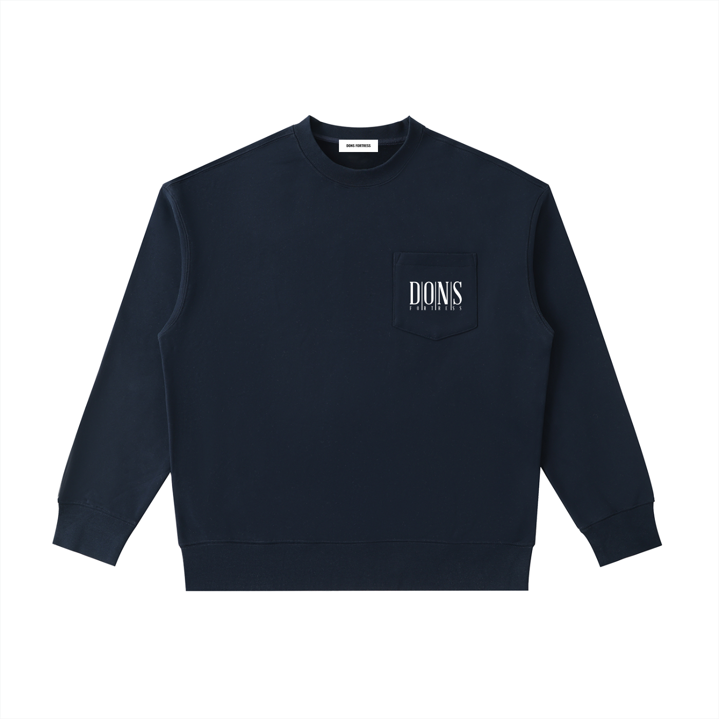 Navy blue sweatshirt with a small white logo on a white background