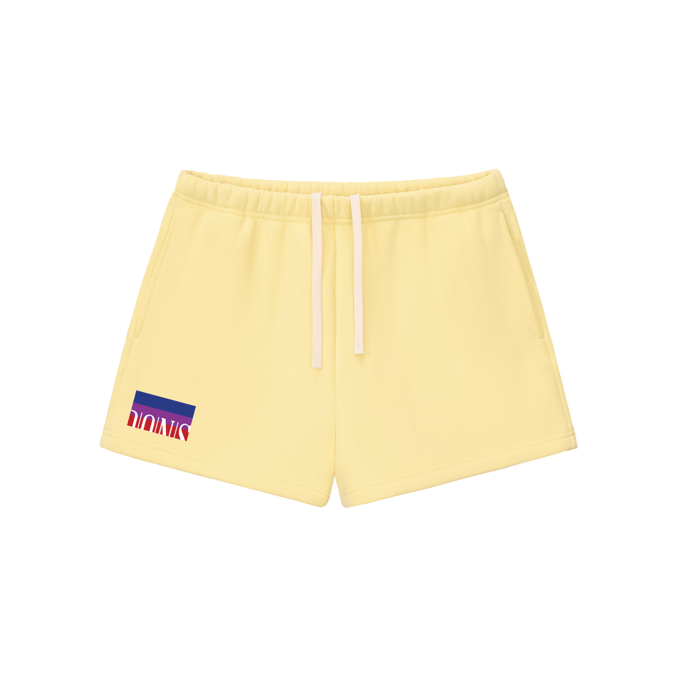 Yellow shorts with a logo on a white background
