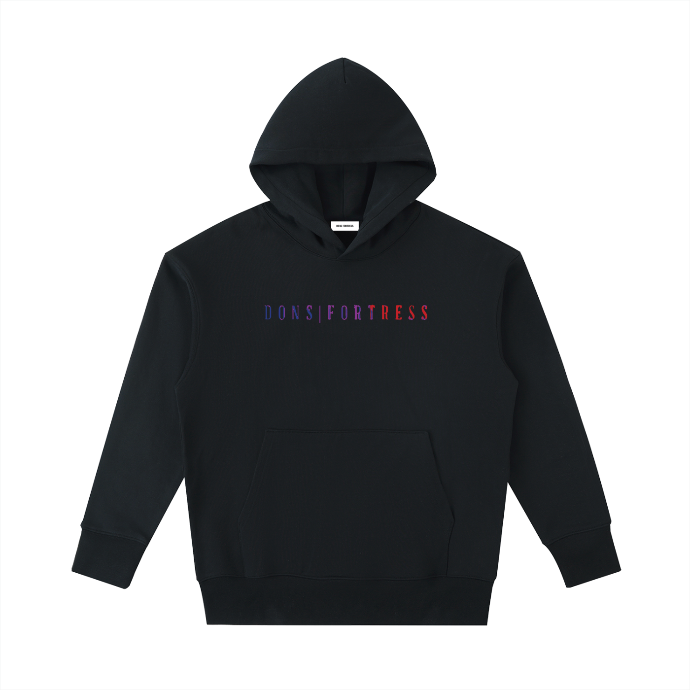 Black hoodie with a red logo on a white background