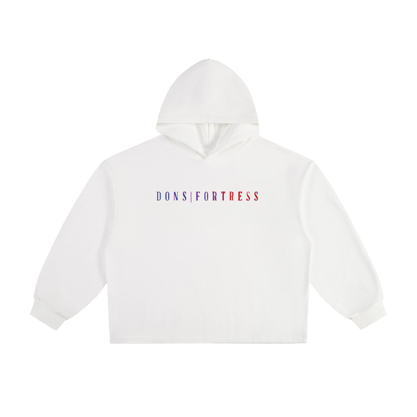 White hoodie with 'Dons Fortress' logo on a white background