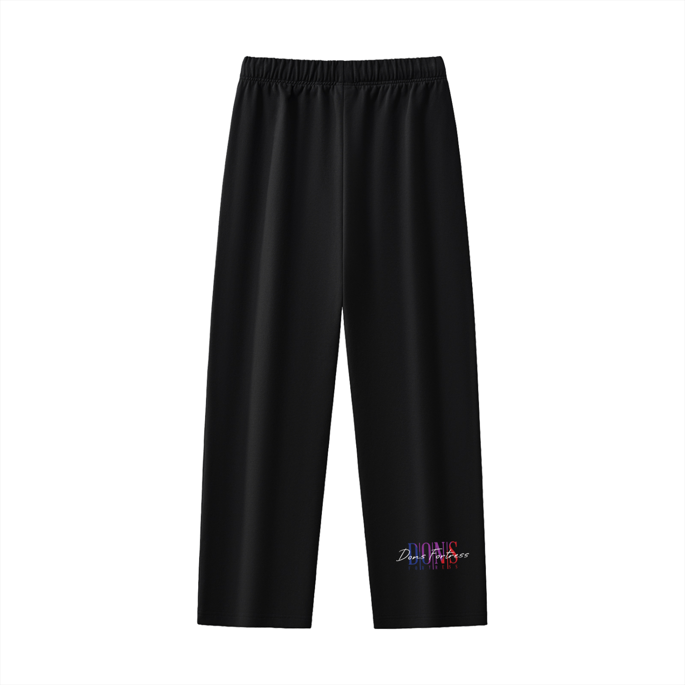 Black pants with a colorful logo on a white background