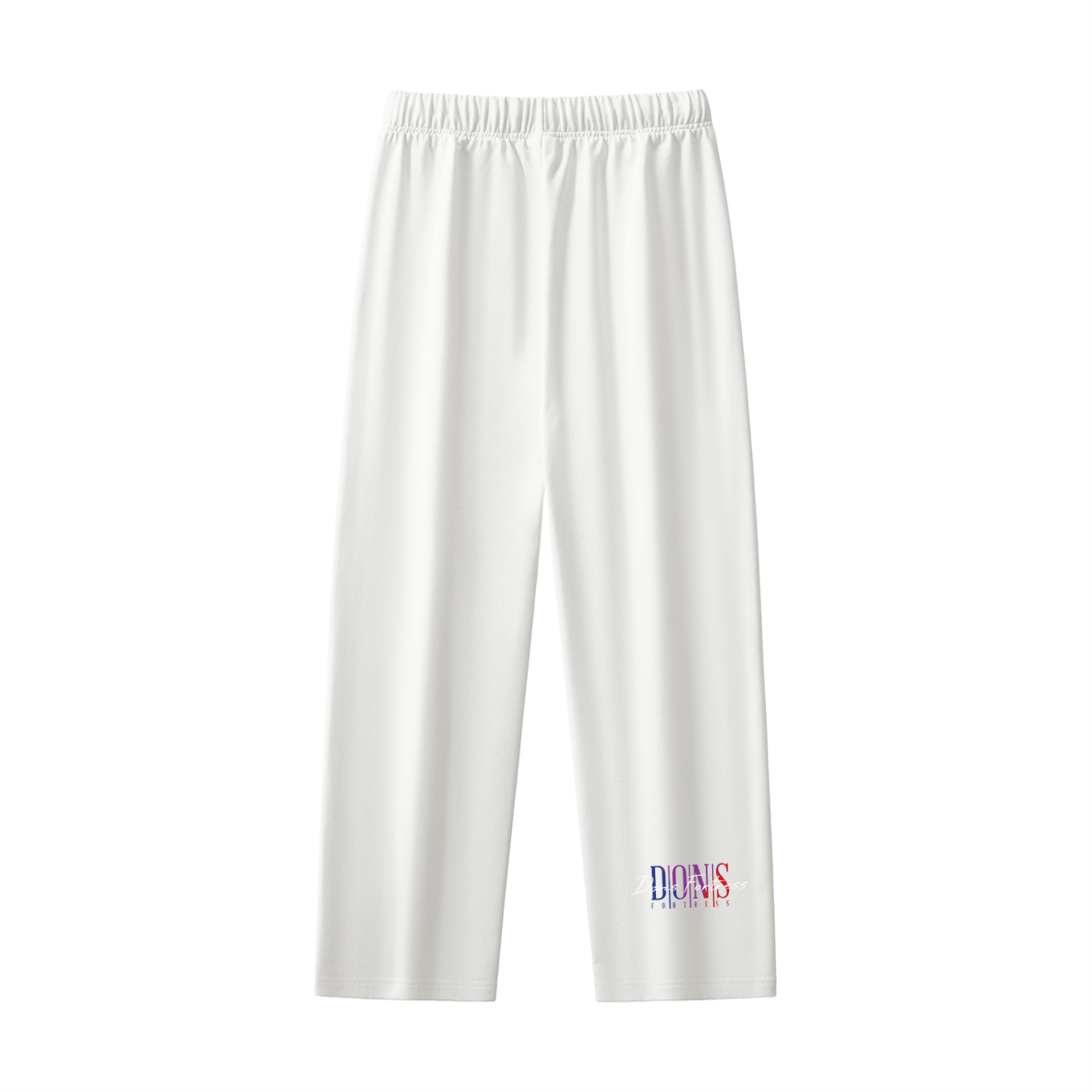 White sweatpants with colorful text on a white background