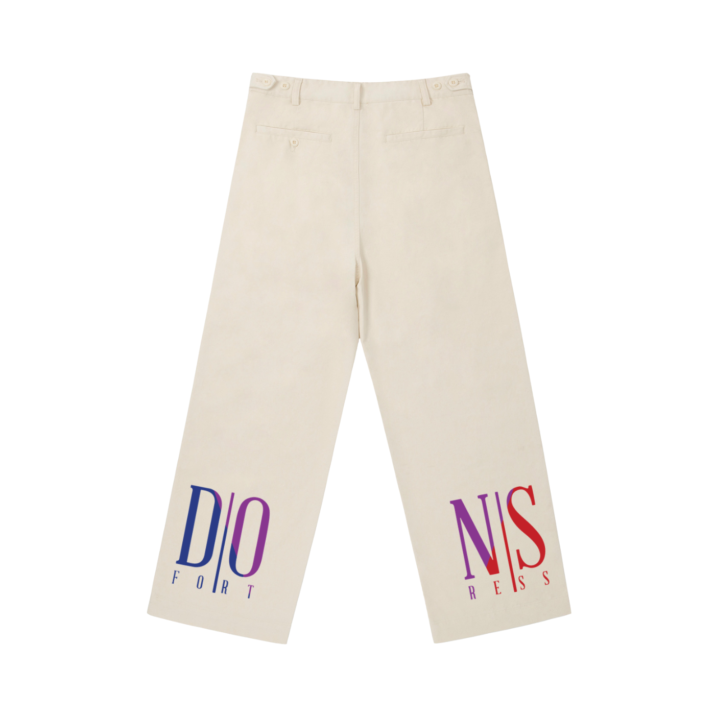Beige pants with colorful text design on a white background