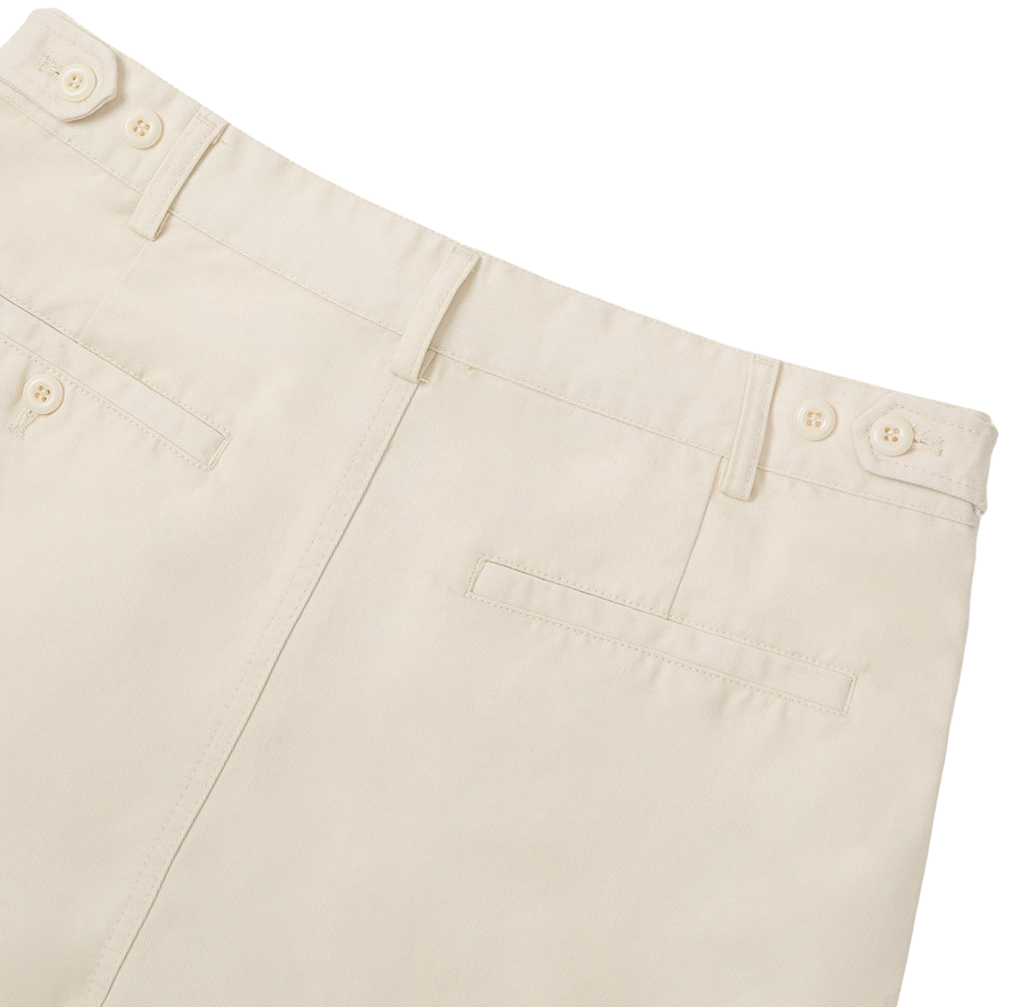 Beige pants with button details on a white background