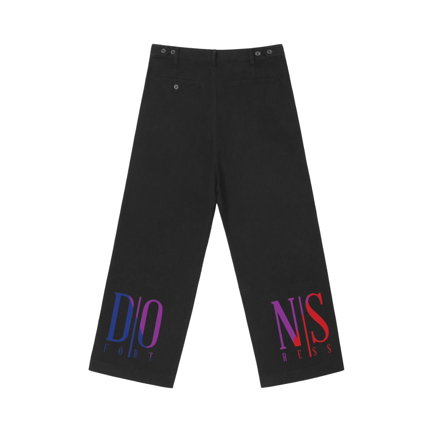 Black pants with colorful text on a white background