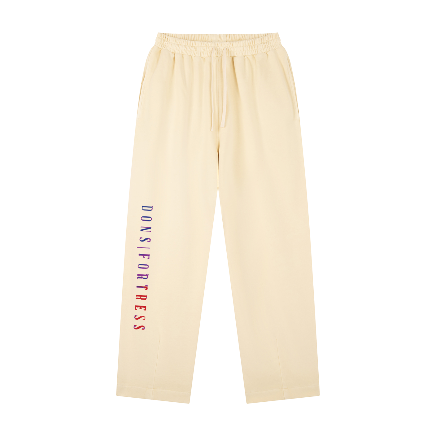 Beige sweatpants with 'Dons Fortress' text on a white background