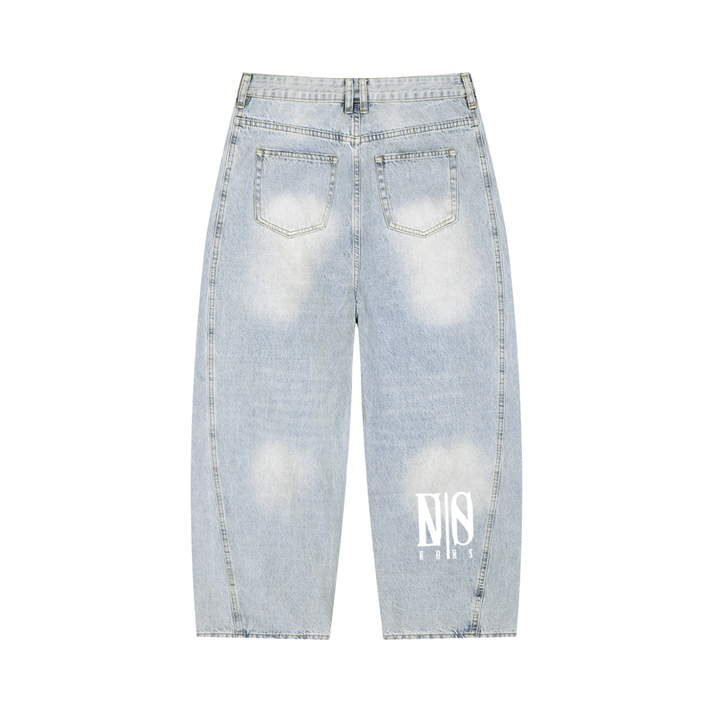 Light blue distressed jeans with a brand logo on a white background