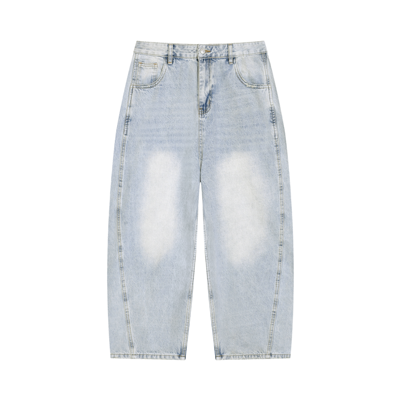 Light blue denim jeans with slight distressing on a white background