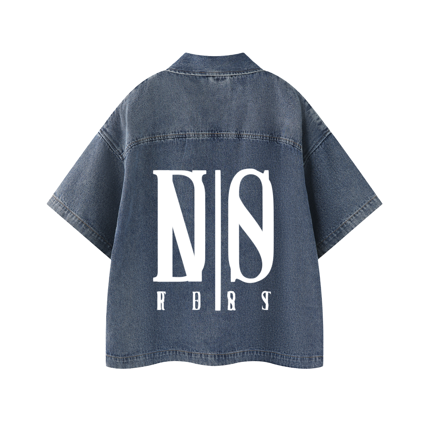 Denim shirt with white logo on a white background