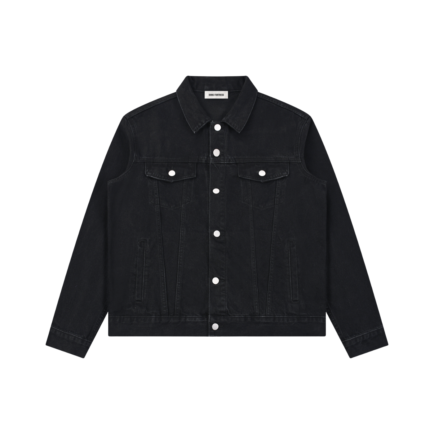 Black denim jacket with white buttons on a white background
