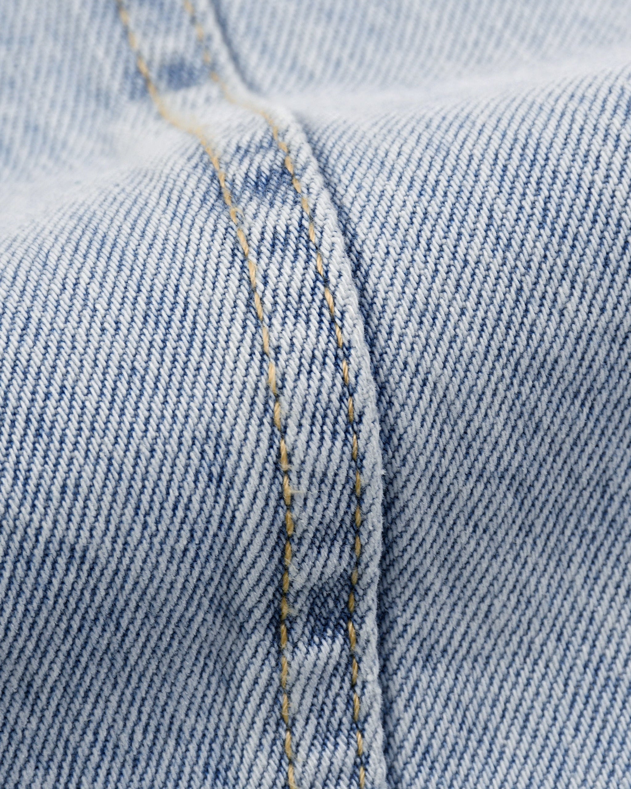 Close-up of blue denim fabric with stitching detail