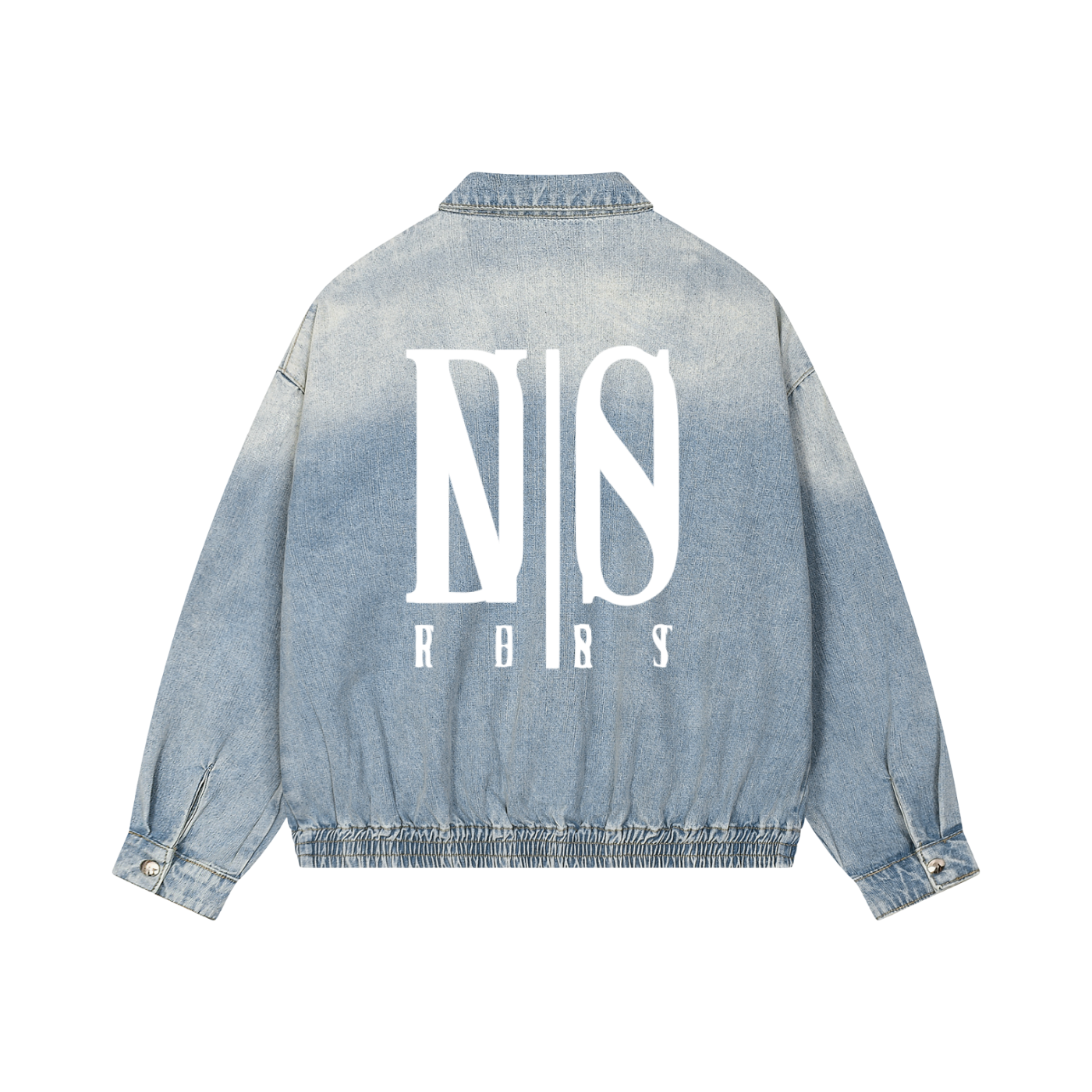 Denim jacket with a logo on the back against a white background