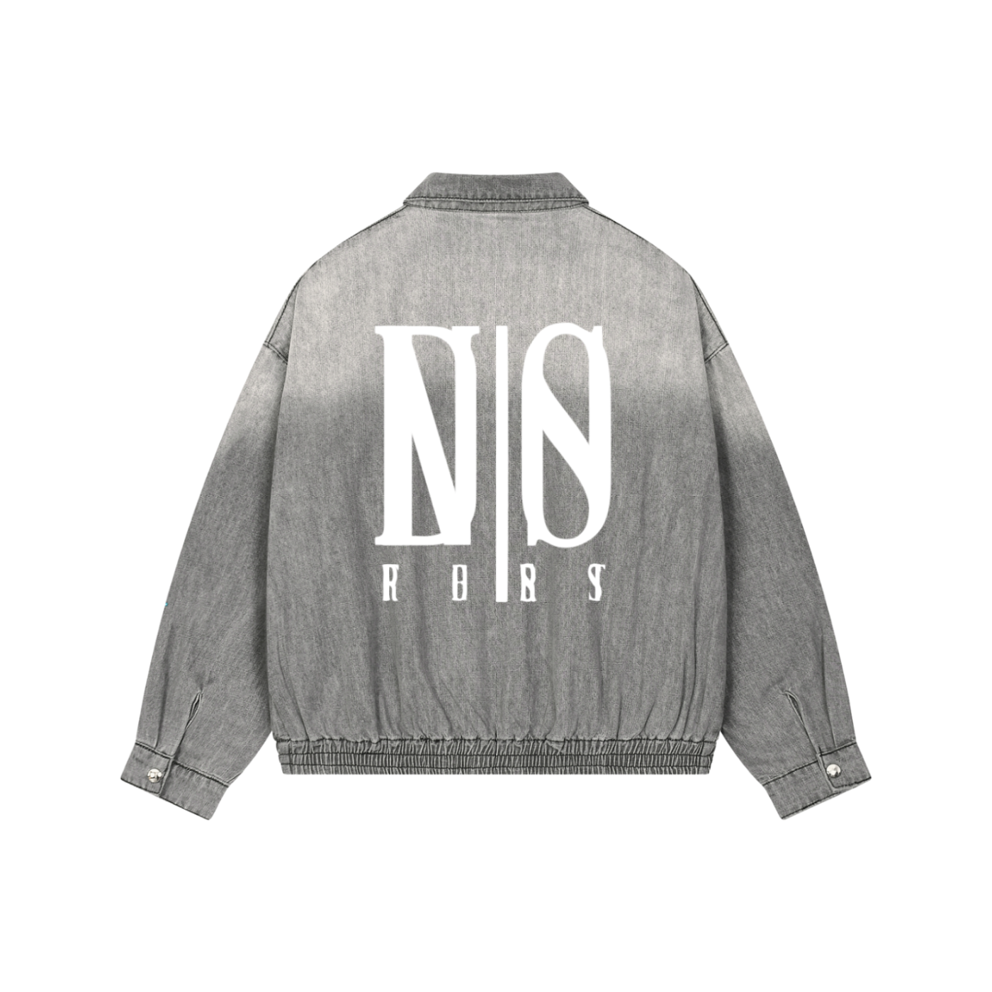 Gray denim jacket with white logo on the back against a white background