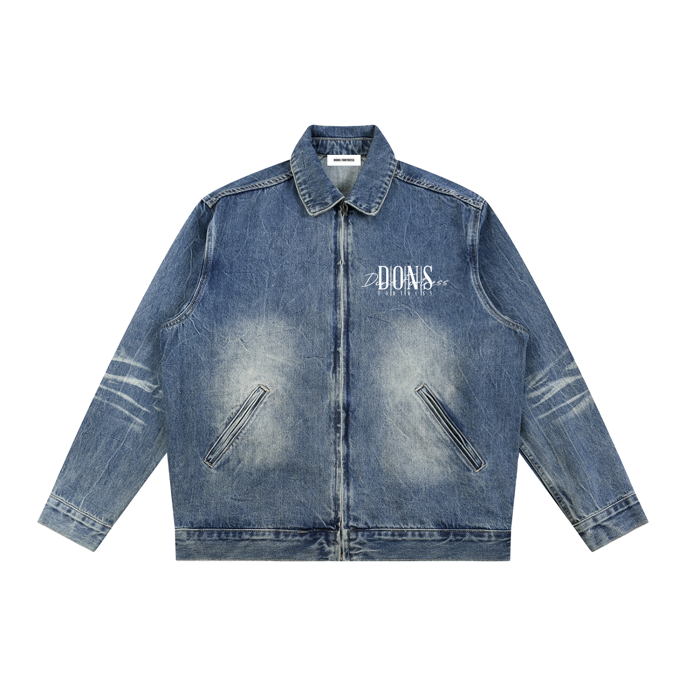 Blue denim jacket with branding on a white background