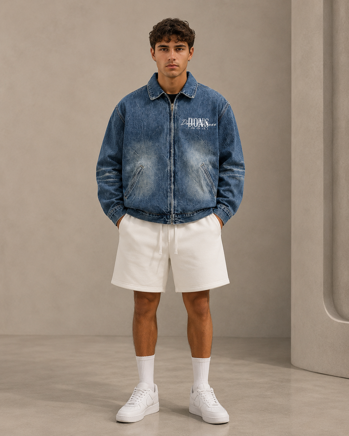 Man wearing a blue denim jacket with branding, white shorts, and white sneakers on a beige background