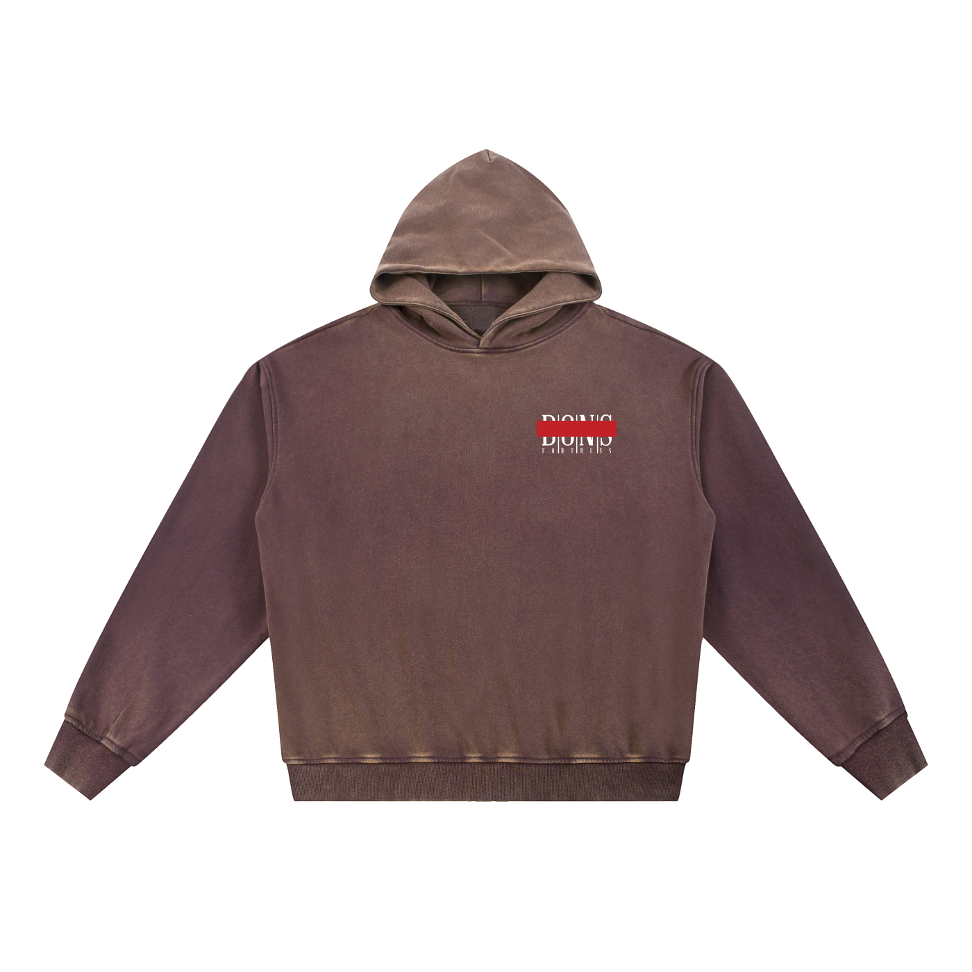 Brown hoodie with a red and white logo on a white background