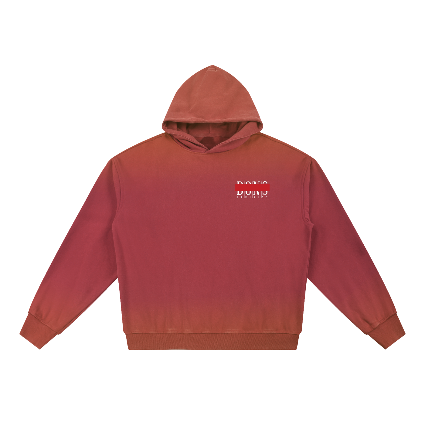 Red hoodie with a logo on the chest against a white background