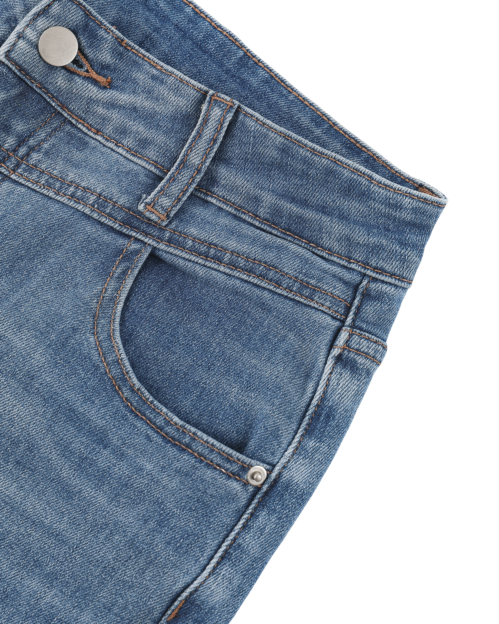 Close-up of blue denim jeans with a button and zipper on a white background