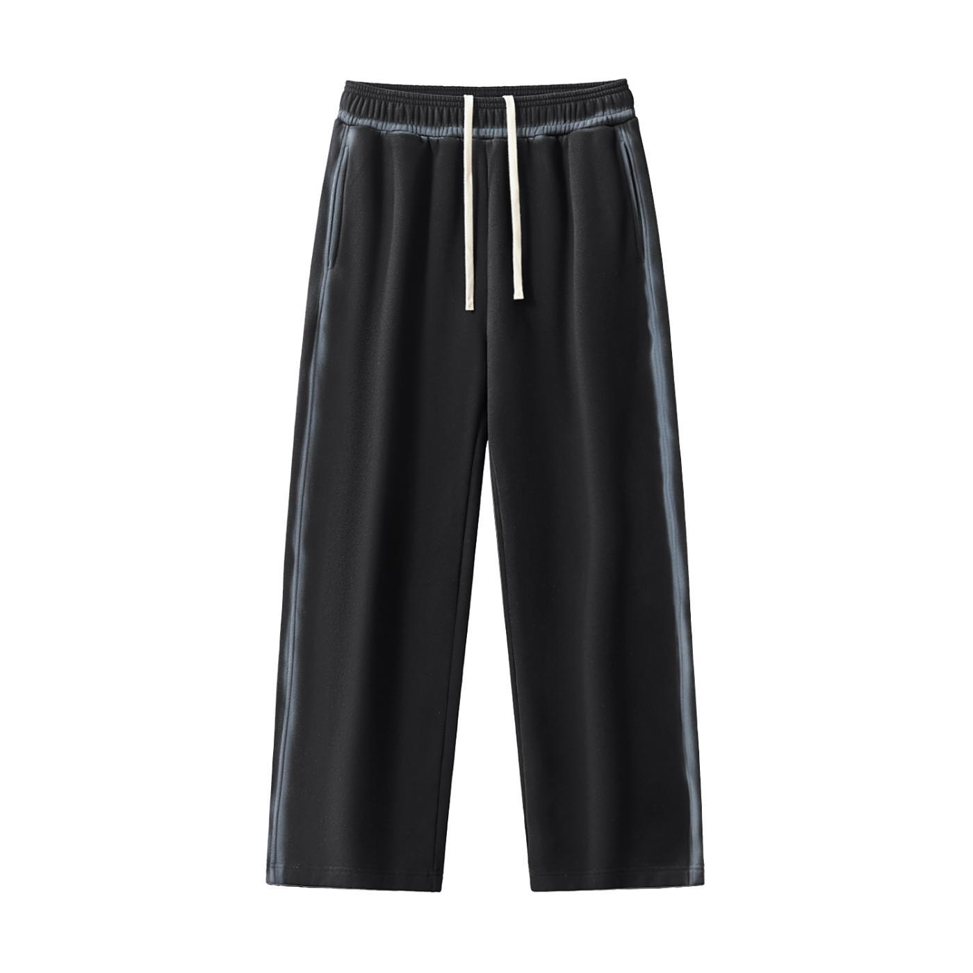 Black pants with a white drawstring on a white background