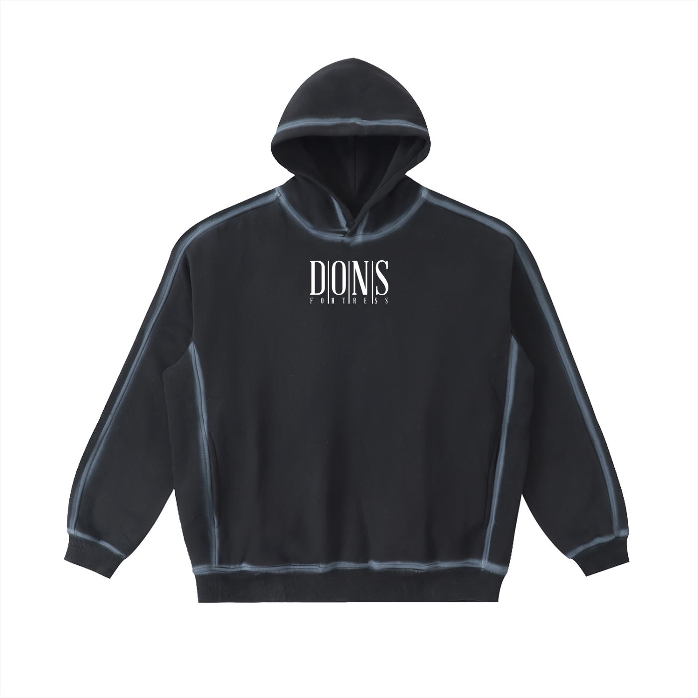 Black hoodie with logo on a white background