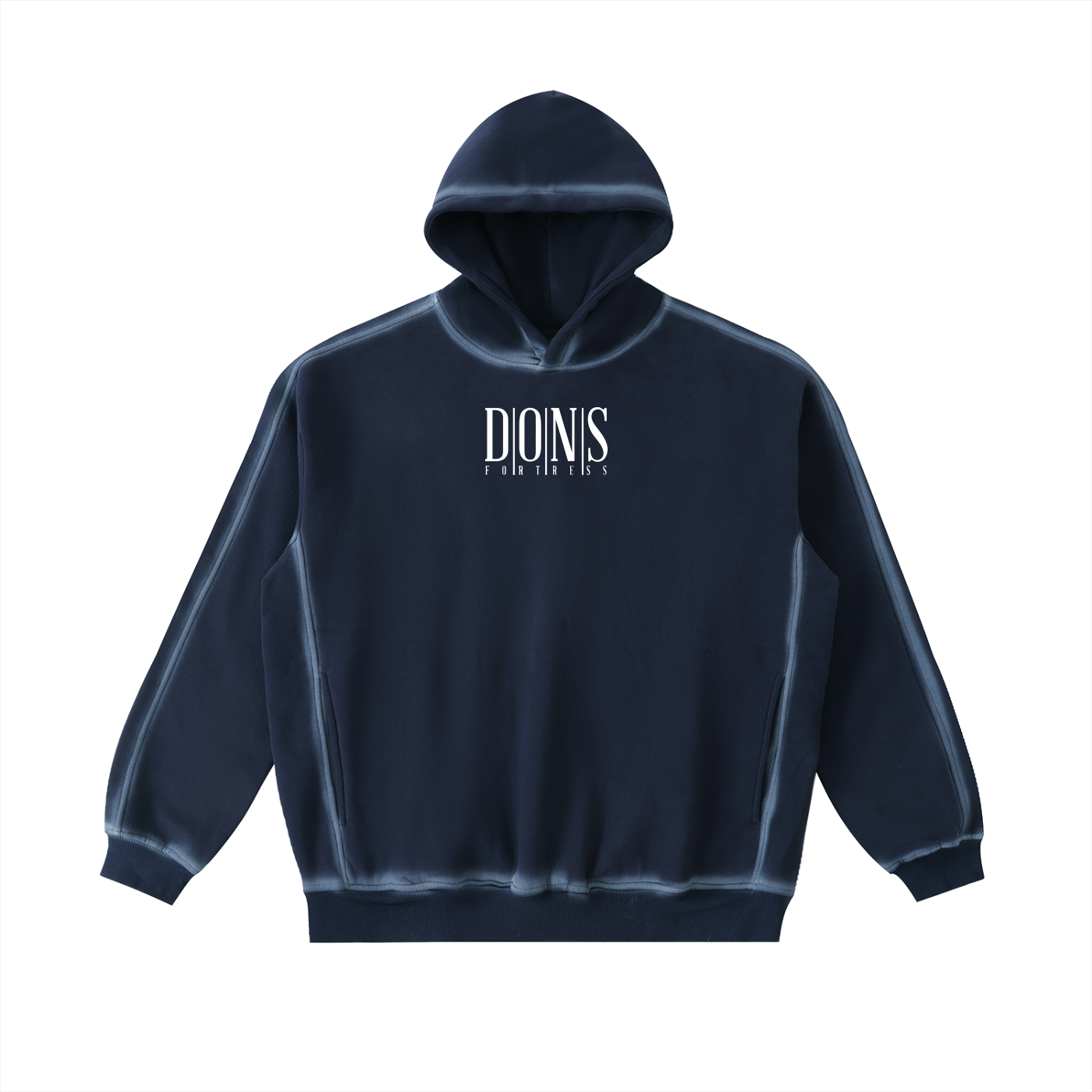 Navy blue hoodie with branding on a white background