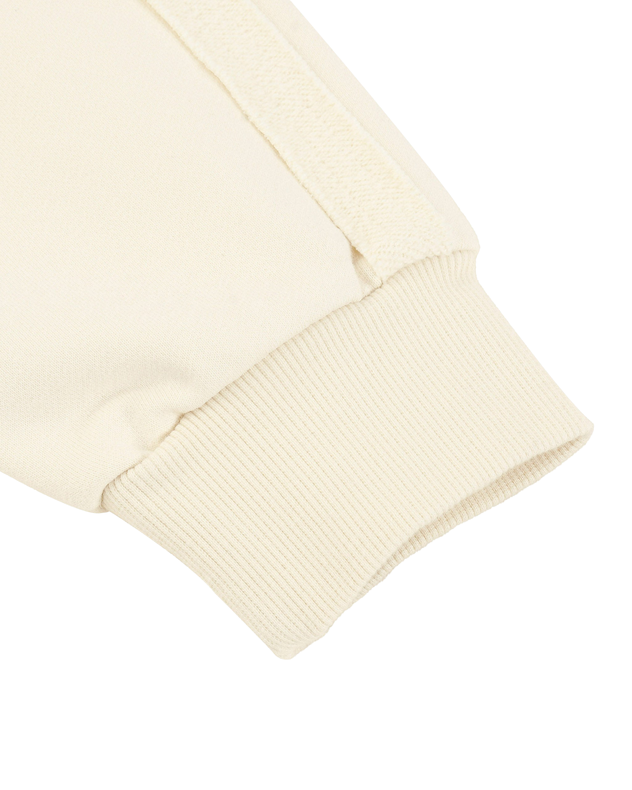Close-up of a cream-colored sweater sleeve on a white background