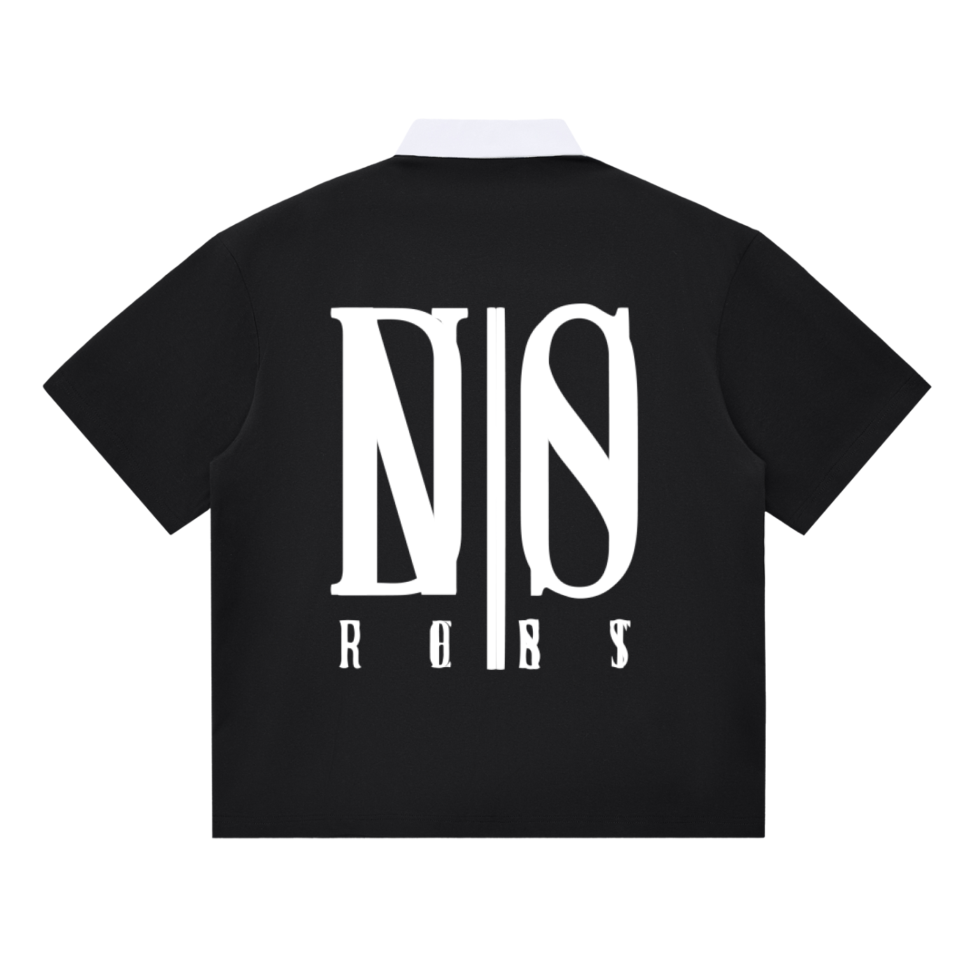 Black t-shirt with white logo and text on a white background