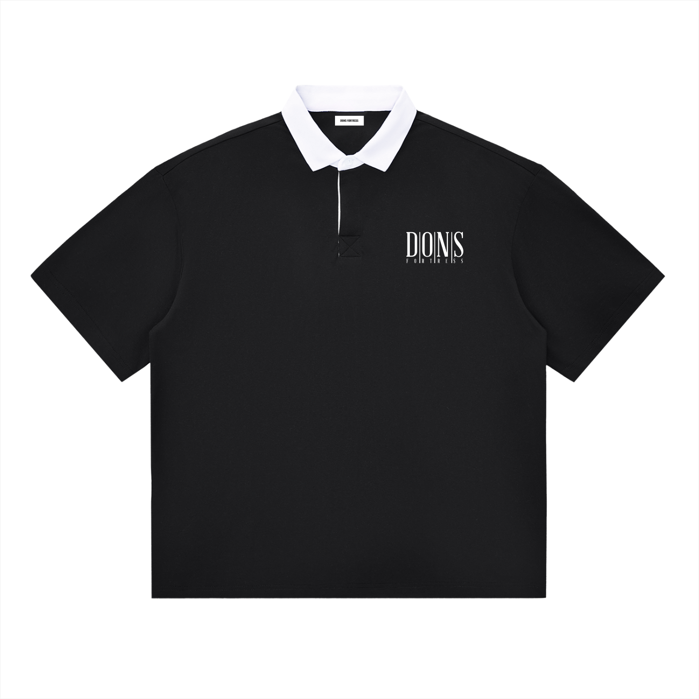 Black polo shirt with white collar and logo on a white background